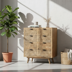 Side lifestyle view of the Urban MCM 4-Drawer Chest crafted in Jodhpur wood.