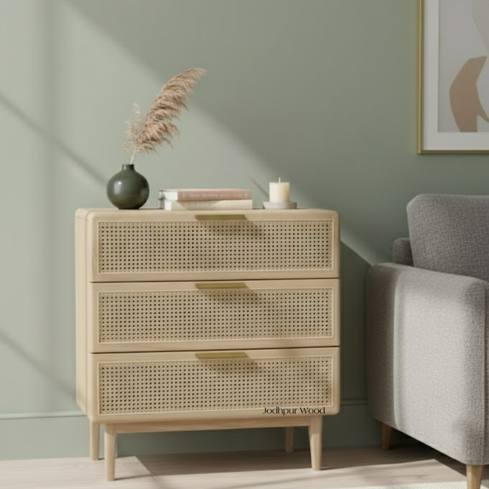 Urvashi Oak Wood 3 Drawer Chest styled in bedroom – handcrafted Jodhpur furniture by Furn Hands of Artisan