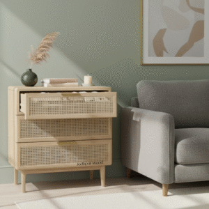 Urvashi Oak Wood 3 Drawer Chest with one drawer open – handcrafted Jodhpur furniture by Furn Hands of Artisan