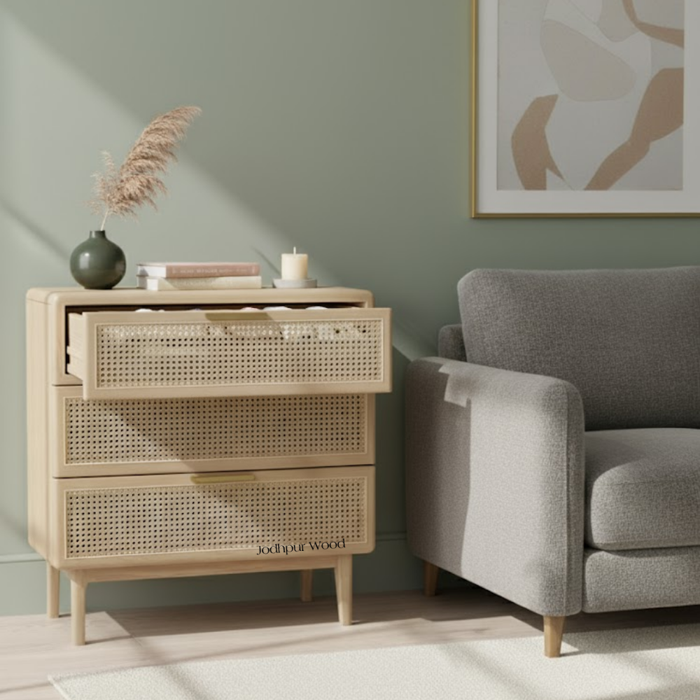 Urvashi Oak Wood 3 Drawer Chest with one drawer open – handcrafted Jodhpur furniture by Furn Hands of Artisan