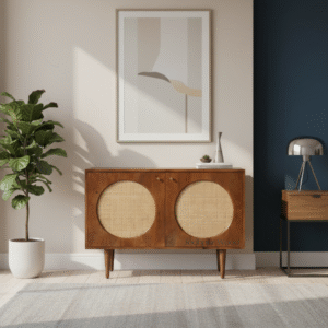Vanya Mango Wood & Cane Cabinet styled in modern boho living room décor