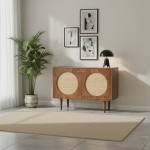 Side view of Vanya Mango Wood & Cane Cabinet in natural home décor setup