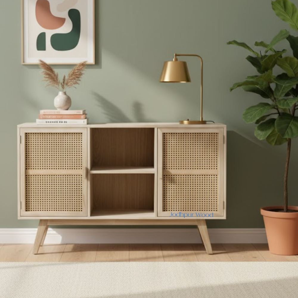 Vicky Wooden Sideboard with Cane in living room – handcrafted Mango wood Jodhpur furniture by Furn Hands of Artisan