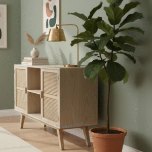 Side angle view of Vicky Wooden Sideboard with Cane – handcrafted Mango wood furniture from Rajasthan by Furn Hands of Artisan