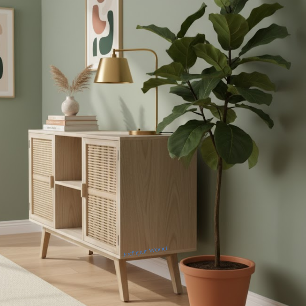 Side angle view of Vicky Wooden Sideboard with Cane – handcrafted Mango wood furniture from Rajasthan by Furn Hands of Artisan