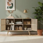 Vicky Wooden Sideboard with Cane doors open – handcrafted Mango wood storage cabinet from Jodhpur by Furn Hands of Artisan