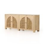 Side view of wooden sideboard with natural cane fitted 4 doors