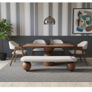 Veera Majestic solid mango wood pedestal dining table with 4 Bukley fabric chairs and 1 wooden bench – front view.