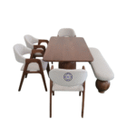 Side view of the Veera Majestic solid mango wood pedestal dining table with 4 Bukley fabric chairs and 1 wooden bench