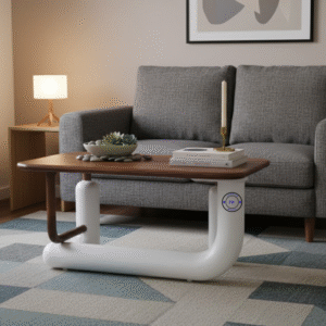 Lifestyle front view of Noble Wooden Centre Table in two-tone finish styled in a modern living room.