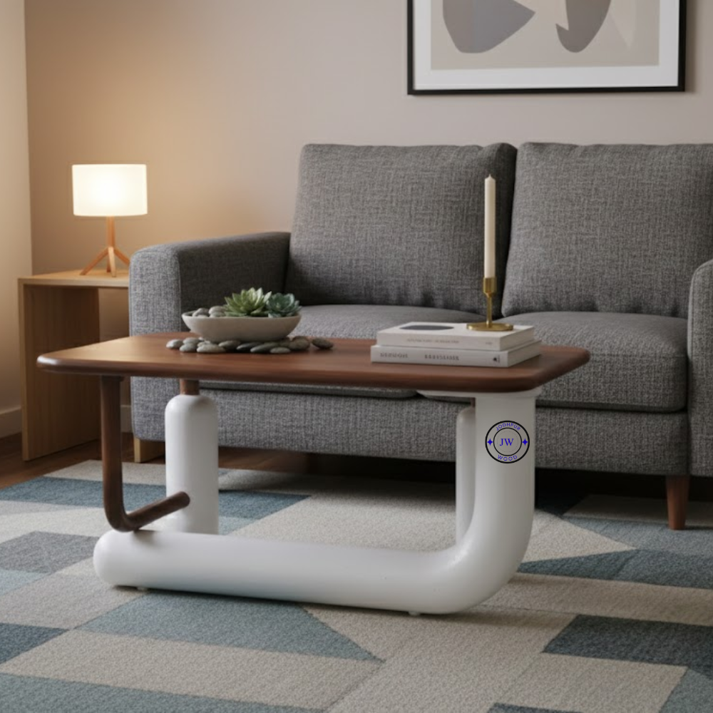 Noble Wooden Centre Table – Lifestyle Front View Lifestyle front view of Noble Wooden Centre Table in two-tone finish styled in a modern living room.