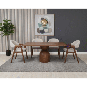 Veera Majestic Pedestal Table in solid mango wood with 4 Bukley fabric chairs – front view.