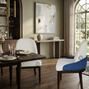 Side view of Ivory Bouclé Crescent Chair in dining room showing curved back and wooden legs