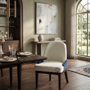 Ivory Bouclé Crescent Chair placed in a modern dining room setting front view
