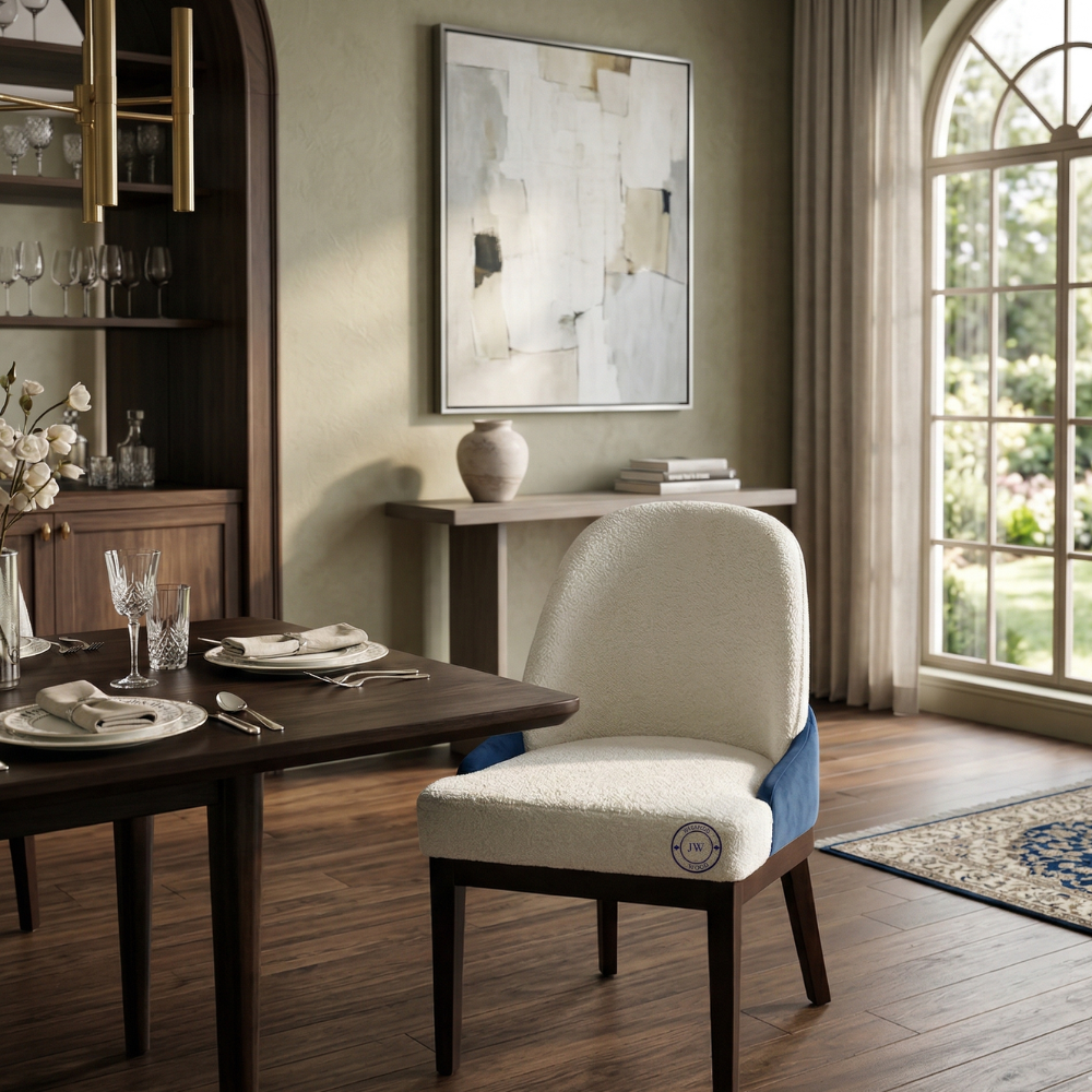 Ivory Bouclé Crescent Chair placed in a modern dining room setting front view