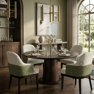 Luxury Bouclé accent chair placed in a modern dining room setting front view