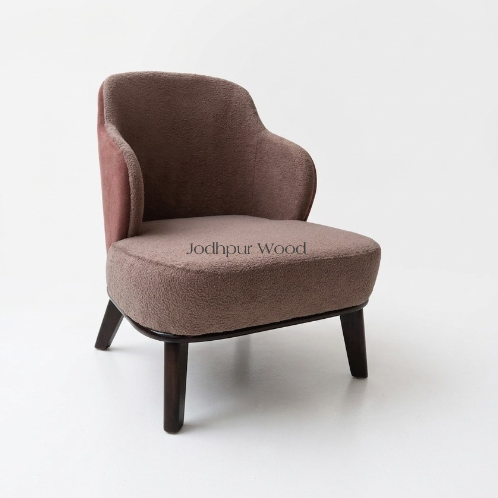 Lima wooden lounge chair with boucle fabric front view modern accent chair India