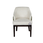 Front view of luxury Bouclé accent chair with curved backrest, ivory upholstery, and wooden legs