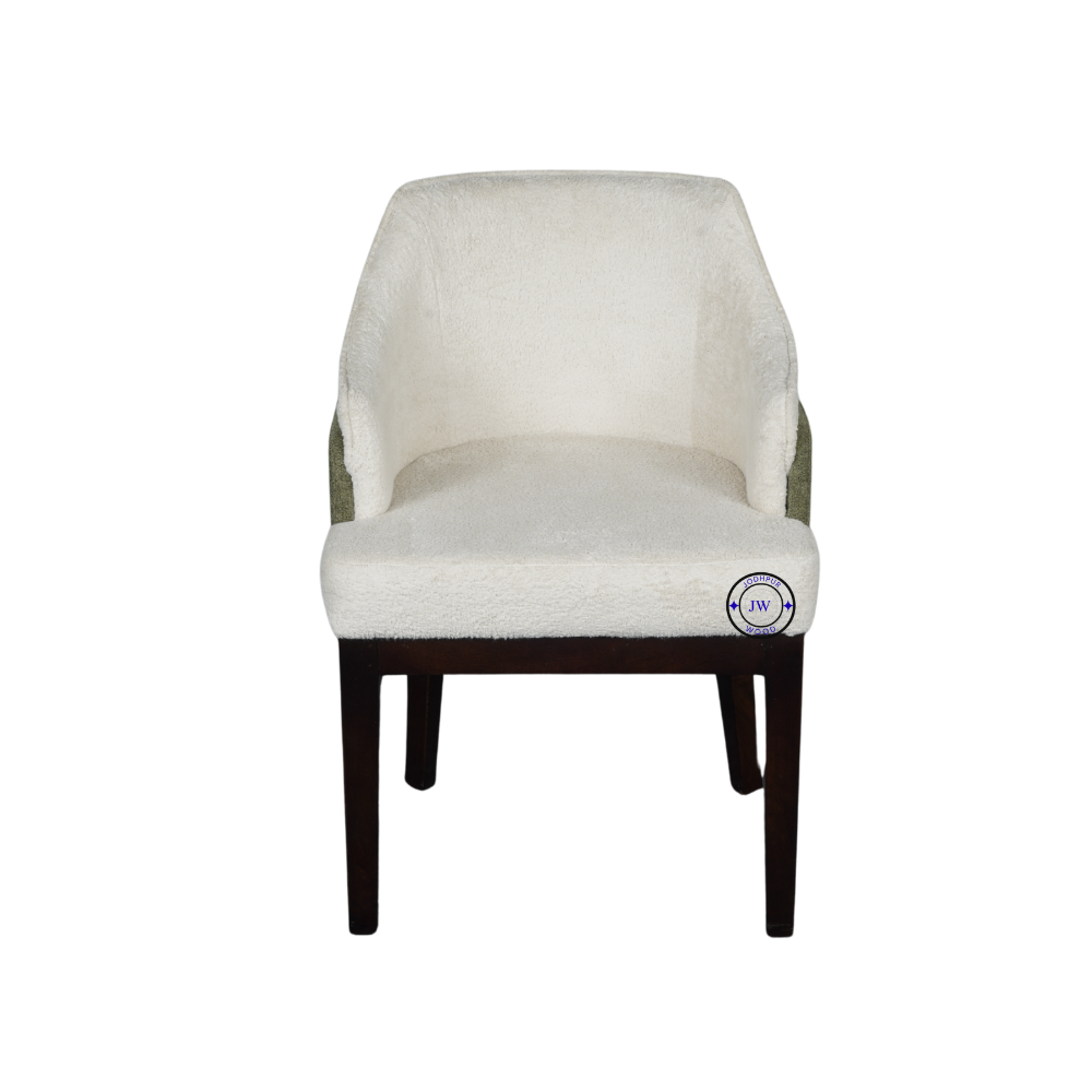 Front view of luxury Bouclé accent chair with curved backrest, ivory upholstery, and wooden legs
