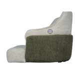 Zoom side angle view of luxury Bouclé accent chair showing curved backrest, ivory upholstery, and wooden legs detail