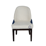 Front view of Ivory Bouclé Crescent Chair with curved backrest, ivory textured upholstery, and wooden legs