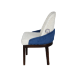 Side angle view of Ivory Bouclé Crescent Chair showing curved backrest, upholstered seat, and wooden legs