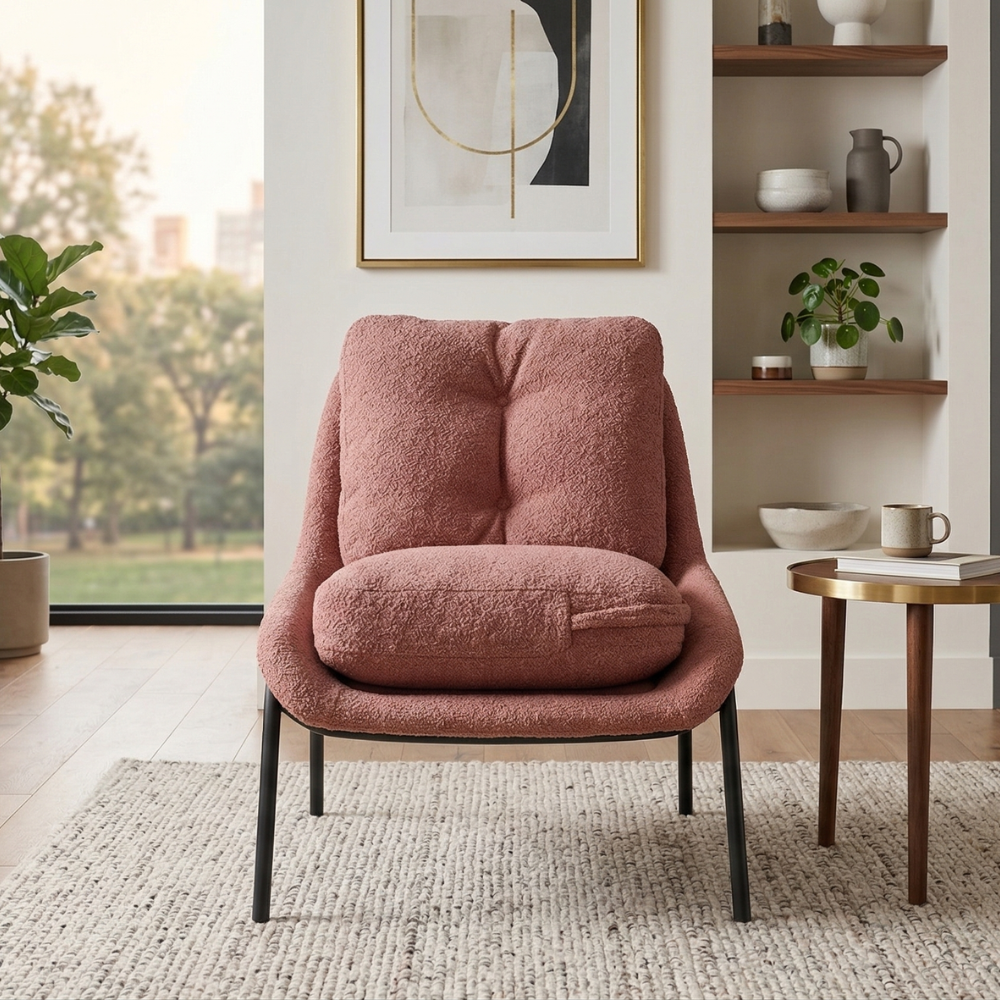 Modern bouclé lounge chair in living room setting front view