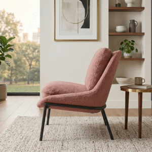 Side view of modern bouclé accent chair with metal legs