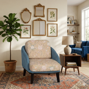 Floral upholstered lounge chair in modern living room setting with wooden legs and soft cushioning