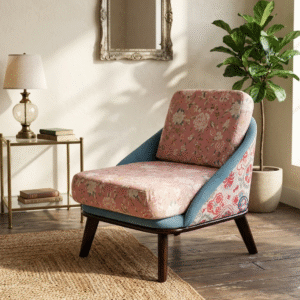 Side view of floral upholstered lounge chair in modern living room setting with wooden legs