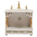 Hand painted wooden mandir for home white gold front view 18x9x22 inches