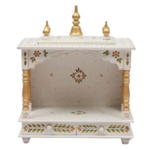 Hand painted wooden mandir for home white gold front view 18x9x22 inches