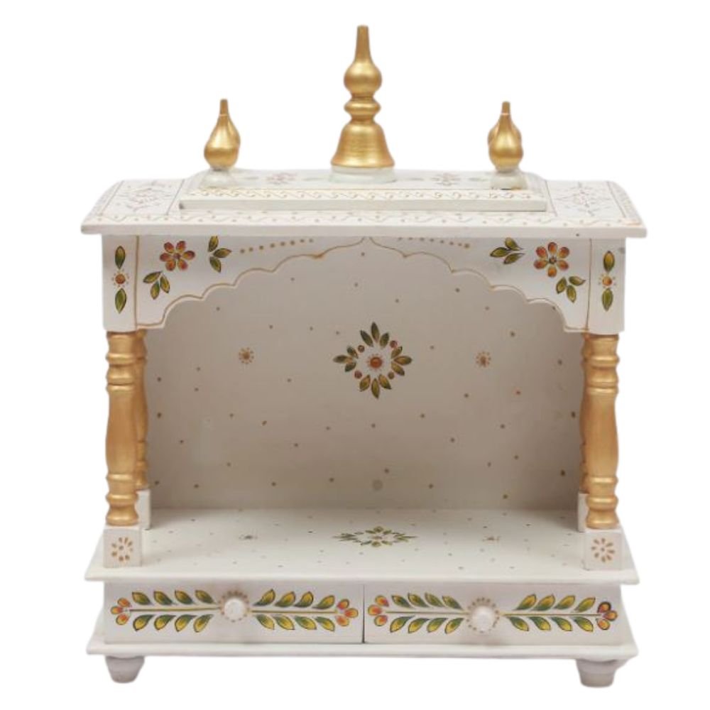 Hand painted wooden mandir for home white gold front view 18x9x22 inches