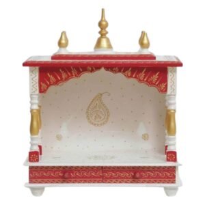 Handcrafted wooden pooja mandir red white gold front view 22x18x9 inches pooja ghar dev ghar home temple jodhpur wood