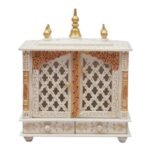 Handcrafted wooden closed door pooja mandir white gold jaali lattice double doors five kalash finials front view 22x18x9 inches jodhpur wood JORD703CG