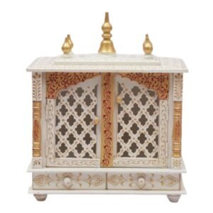 Handcrafted wooden closed door pooja mandir white gold jaali lattice double doors five kalash finials front view 22x18x9 inches jodhpur wood JORD703CG