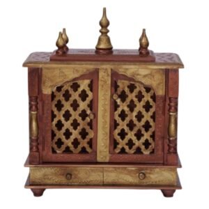 Handcrafted wooden closed door pooja mandir red gold jaali lattice double doors five antique copper gold kalash finials front view 22x18x9 inches jodhpur wood JORD703COP