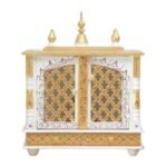 Beautiful wooden closed door mirror jaali pooja mandir white gold double mirror doors five gold kalash finials hand painted panels front view 22x18x9 inches jodhpur wood JORD703WG