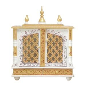 Beautiful wooden closed door mirror jaali pooja mandir white gold double mirror doors five gold kalash finials hand painted panels front view 22x18x9 inches jodhpur wood JORD703WG