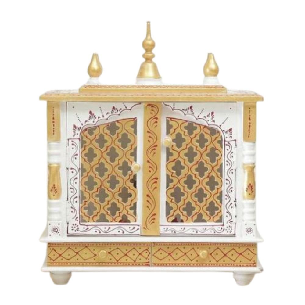 Beautiful wooden closed door mirror jaali pooja mandir white gold double mirror doors five gold kalash finials hand painted panels front view 22x18x9 inches jodhpur wood JORD703WG