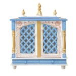 Beautiful wooden closed door jaali pooja mandir white blue gold double jaali doors five gold kalash finials hand painted panels front view 24x20x12 inches jodhpur wood JORD703WB