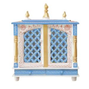 Beautiful wooden closed door jaali pooja mandir white blue gold double jaali doors five gold kalash finials hand painted panels front view 24x20x12 inches jodhpur wood JORD703WB