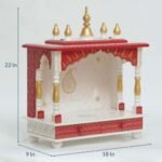 Handcrafted wooden pooja mandir red white gold dimensions 22 inch height 18 inch width 9 inch depth size chart pooja ghar dev ghar jodhpur wood