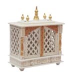 Handcrafted wooden closed door pooja mandir white gold side view 9 inch depth jaali doors gold pillars 2 base storage drawers jodhpur wood JORD703CG