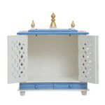 Beautiful wooden open gate jaali pooja mandir white blue gold open darshan double jaali doors five gold kalash finials hand painted panels front view 24x20x12 inches jodhpur wood JORD703WB