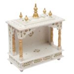 Hand painted wooden mandir for home white gold side view depth 9 inches