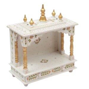 Hand painted wooden mandir for home white gold side view depth 9 inches