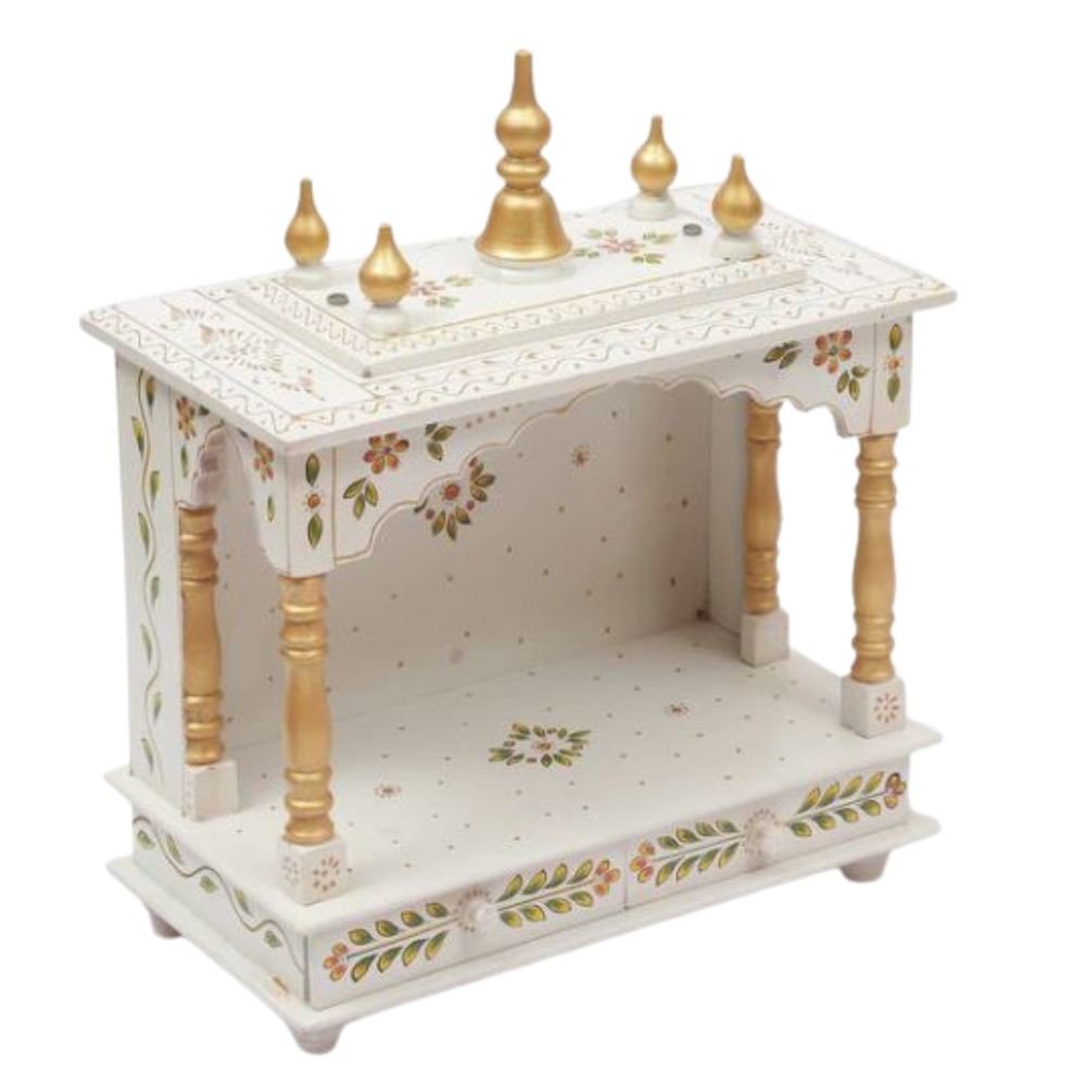 Hand painted wooden mandir for home white gold side view depth 9 inches