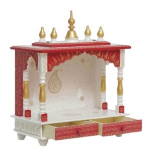 Handcrafted wooden pooja mandir red white gold side view 9 inch depth gold pillars base storage drawer pooja ghar dev ghar jodhpur wood