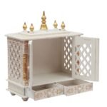 Handcrafted wooden open gate pooja mandir white gold jaali lattice open darshan five kalash finials front view 22x18x9 inches jodhpur wood JORD703CG